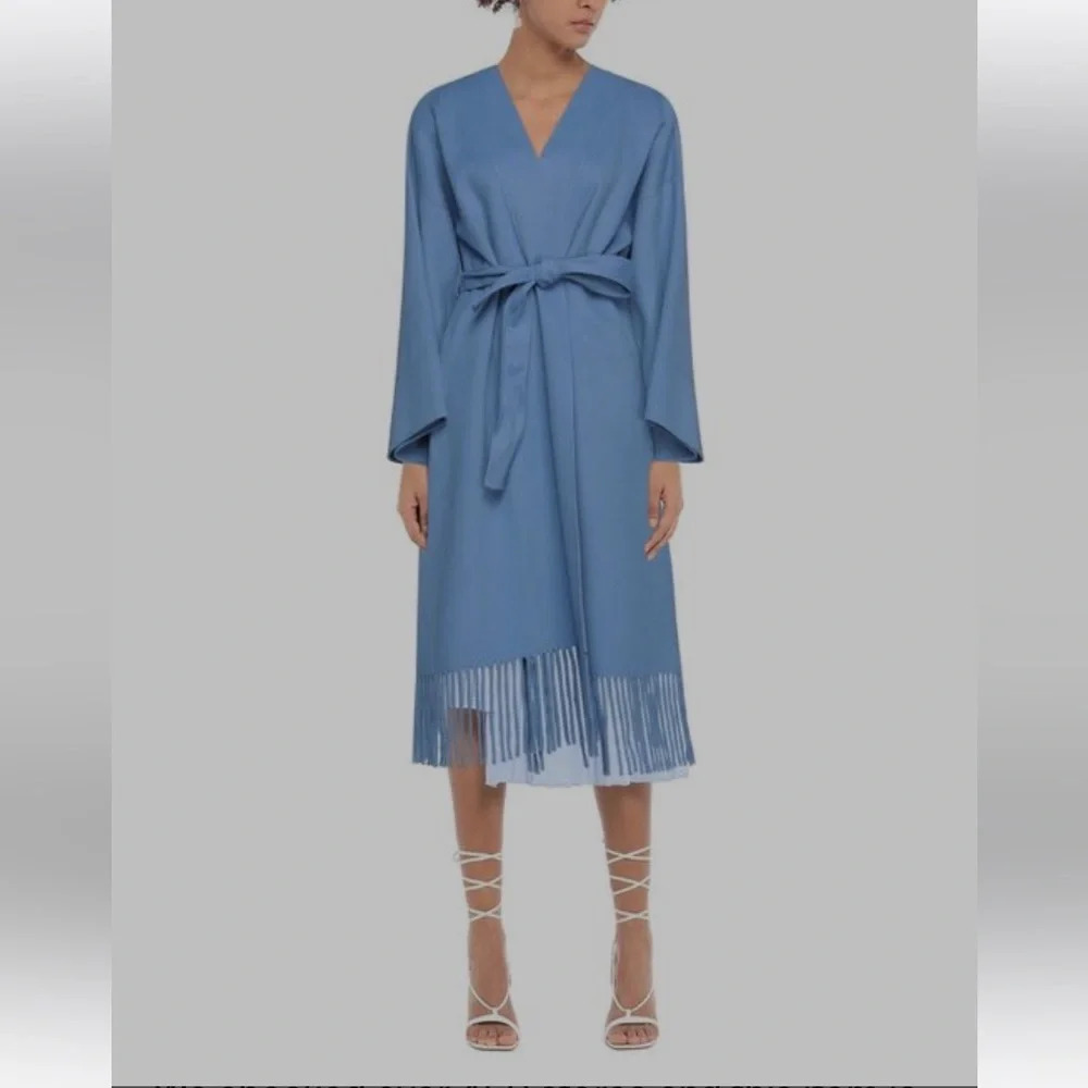 Zimmermann Fringed Wool Coat Wrap Robe Style Trench Coat Periwinkle‎ Blue Size 3
